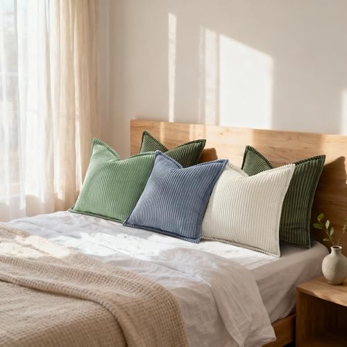 Mecatny Corduroy Summer Throw Pillow Covers 18x18 Set of 2, Neutral Decorative Soft Boho Couch Pillow Covers with Broadside for Sofa Living Room, Olive Green