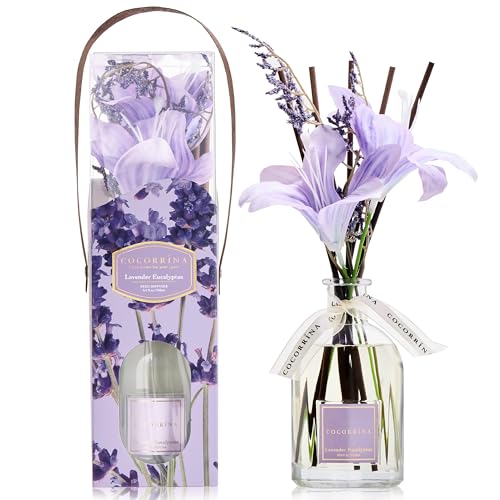 COCORRÍNA Reed Diffuser - Lavender Eucalyptus 8.5 Fl.oz Flower Reed Diffuser with Sticks, Bedroom Bathroom Shelf Decor (Floral Basket Collection)