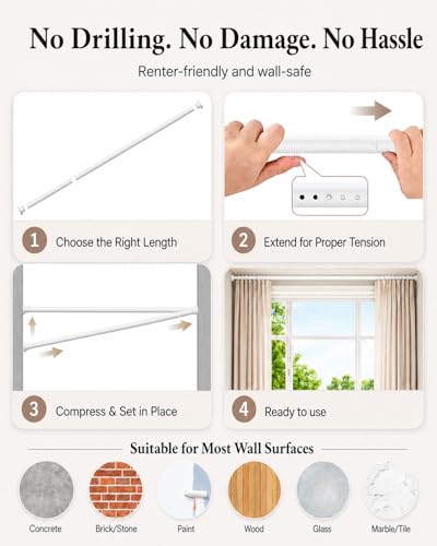 ALLZONE Tension Curtain Rods for Windows 66 to 120 Inches, White Curtain Rods No Drilling, Heavy Duty Extra Long Tension Rod for Curtains, Outdoor Curtains Rod for Patio, Bedroom