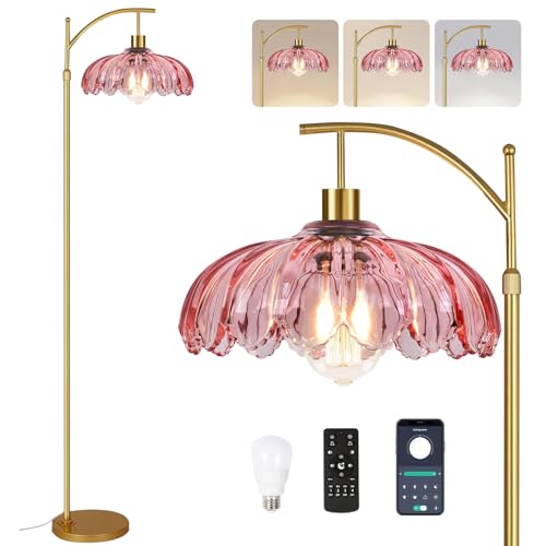 Floor Lamp for Living Room,Bedroom,Gold Dimmable Standing Lamp with Remote,Mid Century Modern Brass Tall Lamp Retro Vintage Pink Glass Lamp Floor Light Boho Bohemian