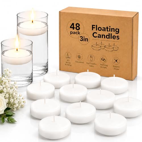 3 inch White Floating Candles, 48 Pack Unscented Floating Candle,8-9 Hours Burning Floating Candles for Centerpieces, 3“ Water Candles for Cylinder Vases, Wedding, Party