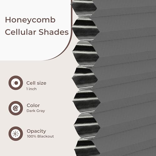 Allesin Cordless Blackout Cellular Shades, Honeycomb Blinds for Windows, Thermal Insulated & Noise Dampening, Room Darkening Window Coverings for Bedroom & Nursery, Gray, 36" W x 64" H