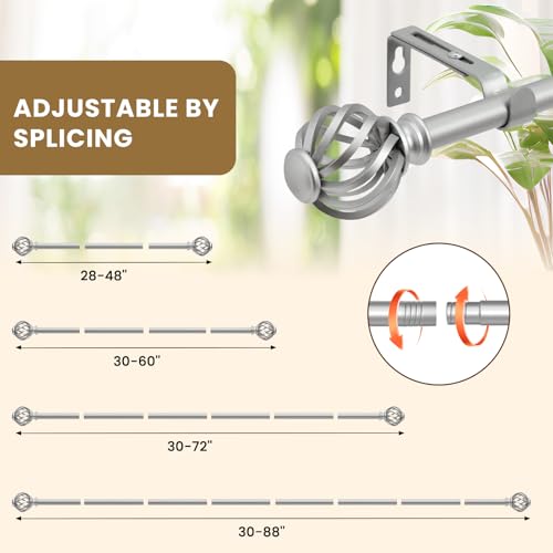 Luvenia Silver Decorative Curtain Rods, 28 to 48 Inch (2.3-4Ft), Small Curtain Rod For Bedroom, Living Room, Kitchen, Farmhouse