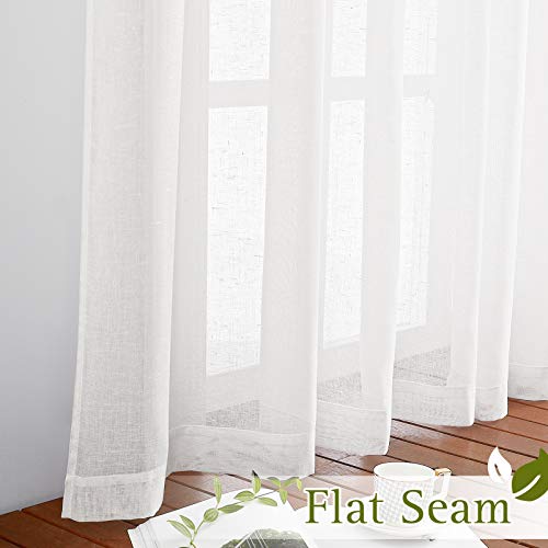 NICETOWN Linen Sheer Curtains 96 inches Long for Living Room, Bedroom Curtains 2 Panels Set Grommet Semi Sheer Privacy with Light Filtering Flax Open Linen Weave Drapes, W52 x L96, White