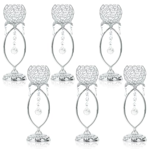6 Pcs Silver Elegant Metal Crystal Tea Light Candle Holders with Crystal Pendants, Hollow Design - Wedding Table Centerpieces for Anniversary Birthday Party, Home Decor