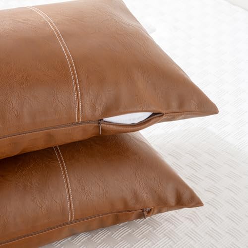 Fancy Homi Brown Boho Long Lumbar Faux Leather Body Decorative Throw Pillow Cover 14x36 Inch for Bedroom Couch Bed Sofa Bench, Hand Stitched Stylish Pillowcase, Rustic Modern Farmhouse Room Decor