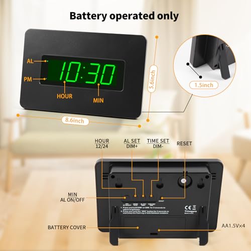 Digital Wall Clock Battery Operated with LED Display, Wall Clock with Backlight, Table-top, Alarm, Brightness Adjustable,12/24Hr