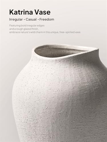White Ceramic Vase - Large 11.8 Inch Tall Floor Vase for Centerpieces, Farmhouse Flower Vases, Rustic Minimalist Home Decor for Living Room, Enterway, Wedding (Sandstone White)