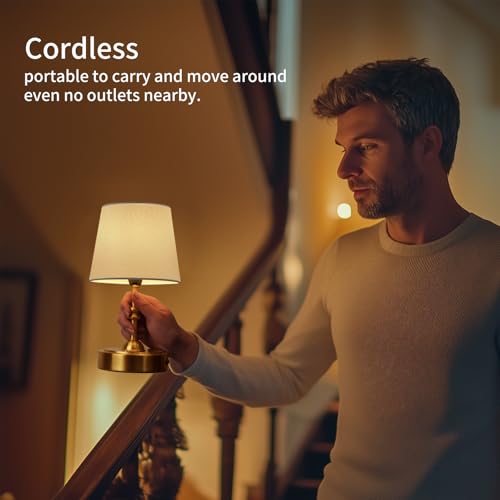 ONEWISH Small Cordless Lamp Dimmable-Battery Operated Table lamp, 4000mAh Rechargeable, Touch Bedside Lamp with White Fabric Shade, 2700K Bulb Included, for Dining, Patio, Bathroom(Gold)