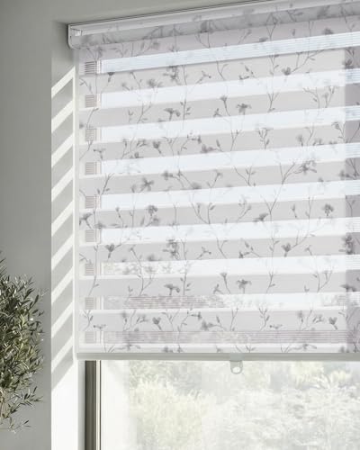 LazBlinds Cordless Zebra Blinds for Windows, Patterned Dual Layer Free-Stop Roller Shades for Ultimate Privacy & Light Control, Elegant Window Blinds & Shades, Grey Bloom, 35" W x 72" H