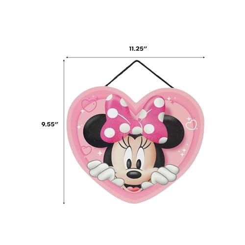 Open Road Brands Disney Minnie Mouse Heart Hanging Wood Sign - Cute Pink Minnie Mouse Decor for Kids' Bedroom or Nursery