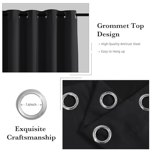 RYB HOME 100% Blackout Black Curtains for Bedroom Living Room, Thermal Insulated Heat Blocking Noise Reducing Window Curtains & Drapes for Kids Room, 52 inches Wide by 84 inches Long, 2 Panels Set