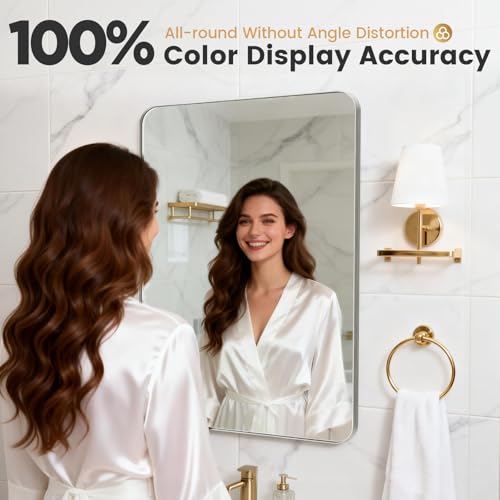 24X28 Inch Brushed Nickel Bathroom Mirror for Wall, Brushed Silver Metal Framed Mirror, Rounded Rectangle Silver Bathroom Mirrors, Tempered Glass