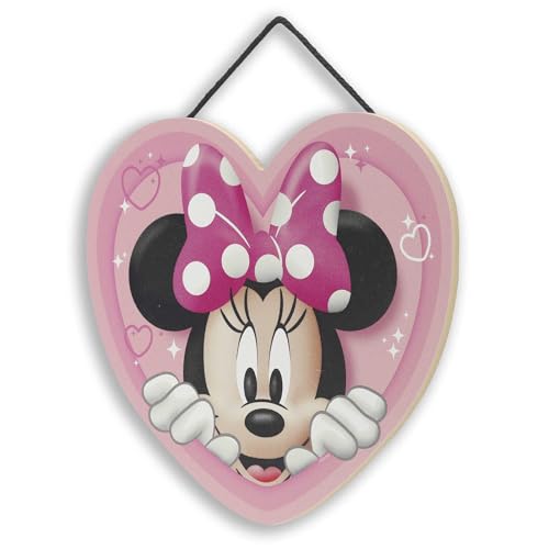 Open Road Brands Disney Minnie Mouse Heart Hanging Wood Sign - Cute Pink Minnie Mouse Decor for Kids' Bedroom or Nursery