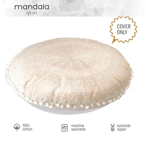 Mandala Life ART Bohemian Floor Cushion Cover –24 inches - Room Décor Decorative Round Pillow Case for Meditation, Yoga, and