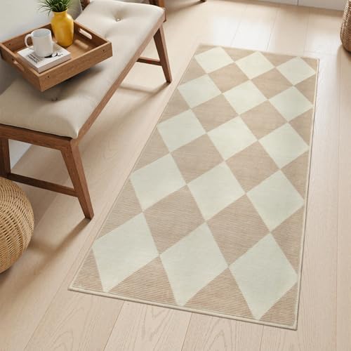 Checkered Print Washable Runners for Hallways 2x4, Ultra Thin Beige Small Rugs for Entryway Low Pile Non Slip Bathroom Rug, Modern Geometric Decor Neutral Throw Rug for Kitchen Laundry Bedroom