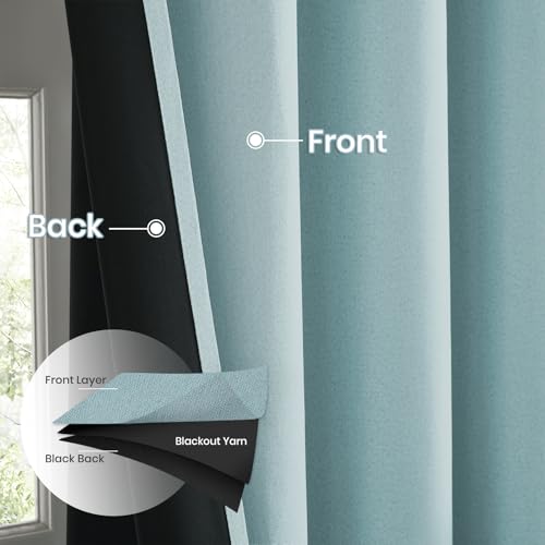 Melodieux 100% Blackout Curtains for Bedroom, Linen Textured Light Blue Black Out Curtains 84 Inch Long, Grommet Top Thermal Insulated Window Drapes for Living Room, 52" W x 84" L, 2 Panels