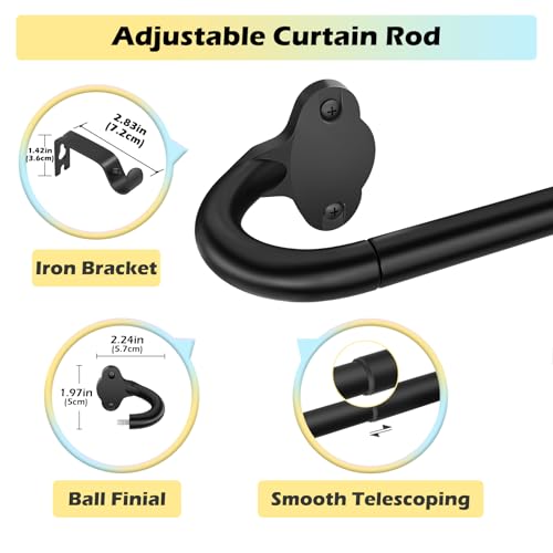 Wrap Around Blackout Curtain Rod 30-45 Inch (2.5-3.75 Ft), 5/8" Adjustable Curved Window Rod for Room Darkening, Modern Single Drapery Rod for Bedroom Windows, Matte Black