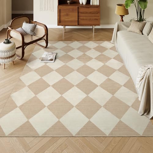 Checkered Print 5x7 Washable Area Rugs for Bedroom, Non Slip Ultra Thin Beige Rugs for Living Room, Geometric Plaid Dorm Decor Soft Low Pile Carpet for Office Kids Room Classroom