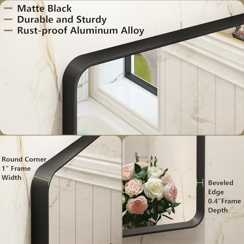 OKPAL 28X36 Inch Black Metal Framed Bathroom Mirror for Wall, Matte Black Bathroom Vanity Mirror, Black Rounded Rectangle Modern Mirror, Rustproof, Shatter-Proof (Horizontal/Vertical)