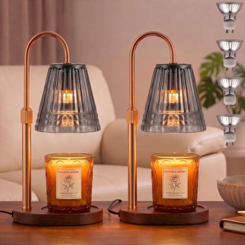 Candle Warmer Lamp with Timer & Dimmer, Adjustable Height Glass Candle Lamps for Jar Candles, Smoky Grey Shade Brass Electric Wax Melter with 4 Bulbs (2 Pack)