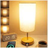 Touch Control Bedside Table Lamp with USB-C Charging Ports, 4-Way Dimmable Nightstand Lamp with Wood Base & Fabric Shade for Bedroom Living Room