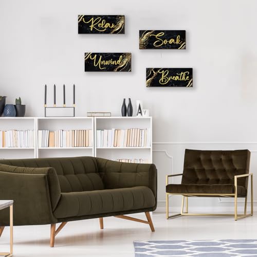 ONIZHITY 4 Pcs Black and Gold Bathroom Decor Black Gold Wall Decor Relax Soak Unwind Breathe Wooden Rustic Marble Style Bathroom Accessories for Bedroom Living Room Decor Kitchen(10X4)