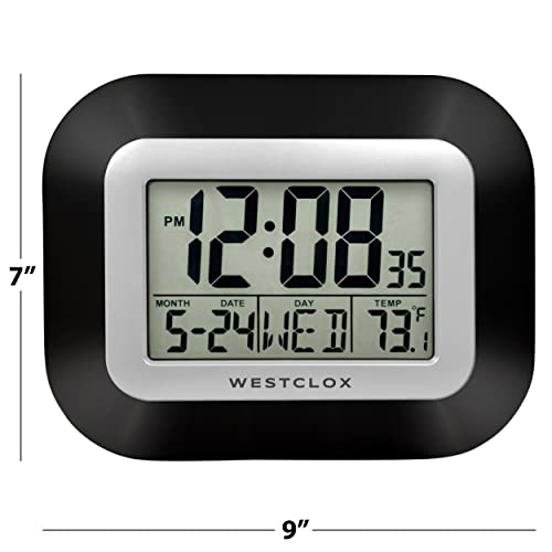 Westclox Large Digital Wall Clock Battery Operated with Temperature Date and Day of Week with Alarm | Modern Digital Desk Clock for Office Kitchen Bedroom or Living Room | Black