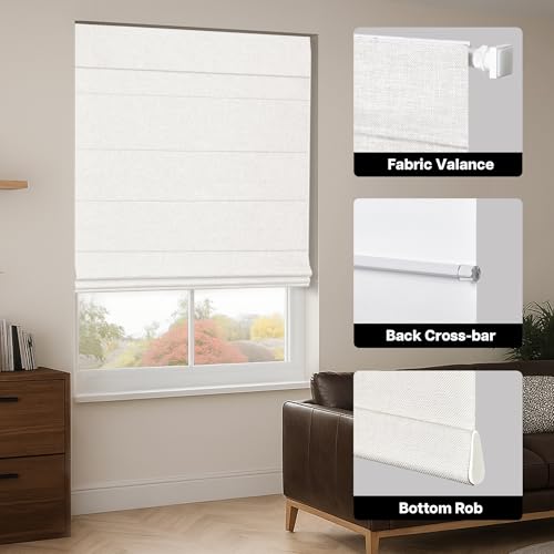 LazBlinds No Tools No Drill Cordless Roman Shades for Windows, Blackout Thermal Insulated UV Blocking Window Blinds, Lightweight Fabric Blinds for Indoor Windows, 34.5" W x 48" H, Blackout - White