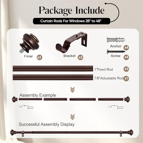 SIMEWIN Heavy Duty Curtain Rods for Windows 28 to 48 Inches, Bronze Curtain Rods with Classic Finials for Bedroom, Living Room, Patio, Kitchen