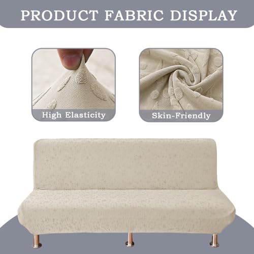 Futon Cover Slipcover Super Stretch Full Size Soft Armless Sofa Bed Slipcover Jacquard Futon Sofa Cover Furniture Bed Protector with Non-Slip Elastic Bottom Beige