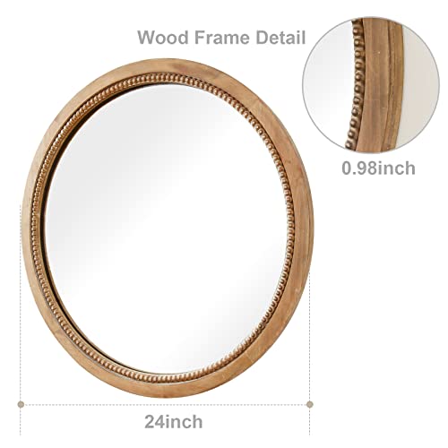 sawsile Round Wood Mirror,24 inch Circle Rustic Farmhouse Natural Wooden Frame Boho Beads Wall Mirror for Bathroom,Living Room,Bedroom or Entryway