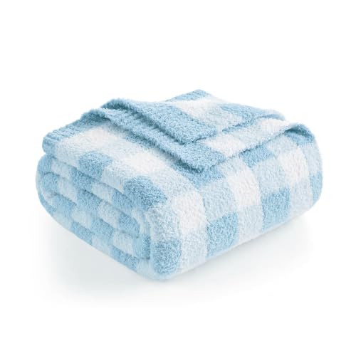 Snuggle Sac Checkered Blue Throw Blanket for Couch, Super Soft Cozy Warm Knit Decorative Fluffy Blankets, Reversible Buffalo Plaid Microfiber Throws for Sofa Bed, Plaid Light Blue, 50x60 Inches