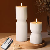 White Ribbed Flameless Pillar Candles with Remote Set of 2
