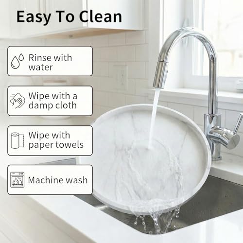 Round Tray Silicone, 10.6 Inch Bathroom Tray Countertop Decor, Vanity Trays for Bathroom Organizers, Waterproof Bathroom Tray for Counter, Decorative Coffee Table Tray-Marble White