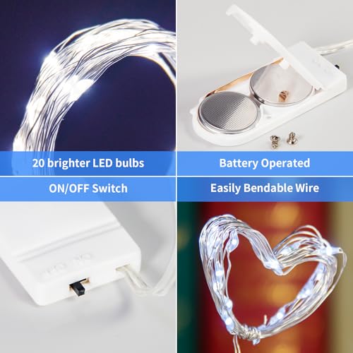 Cool White Fairy String Lights Battery Operated LED Starry Lights 7.2ft 20 LEDs Silvery Copper Wire for Christmas DIY Decoration Wedding Party (6 Pack)