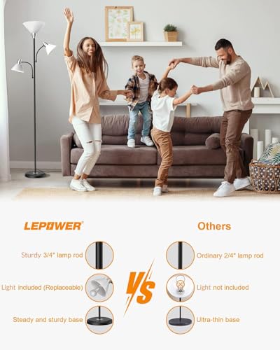 LEPOWER Floor Lamp, Standing Lamp with Replaceable 3000K Energy-Saving, Metal Lamp for Living Room with Adjustable Reading Lights, Modern Bright Floor Lamp for Bedroom, Office