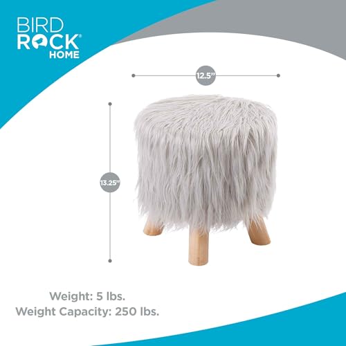 BIRDROCK HOME Small Faux Fur Foot Stool Ottoman – Upholstered Vanity Chair with Natural Wood Legs - Soft Compact Padded Seat or Accent Chair for Makeup Room, Living Room or Bedroom (Silver)