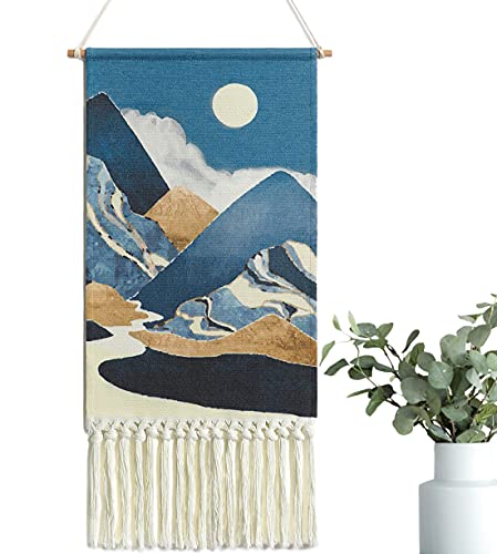 Alynsehom Macrame Woven Wall Hanging Tapestry Boho Wall Art Moon Mountain Chic Home Decor Bohemian Aztec Apartment Dorm Room Backdrop Decoration (Blue)