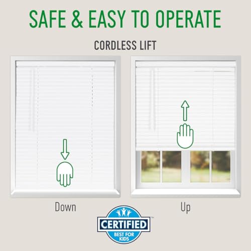 Calyx INTERIORS Room Darkening Vinyl Mini Blinds, Cordless, 1" Slat, 31.5" W x 60" H, White. Inside Mount in Windows 31.75 and Greater; Indoor Window Shades