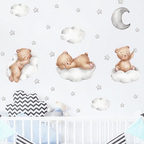 Cute Brown Sleeping Baby Bear Wall Stickers, sacinora Moon and Stars DIY Art Wall Decals Removable Vinyl Peel and Stick for Kids Baby Nursery Bedroom Toddler Room Kindergarten Decorations