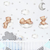 Cute Brown Sleeping Baby Bear Wall Stickers, sacinora Moon and Stars DIY Art Wall Decals Removable Vinyl Peel and Stick for Kids Baby Nursery Bedroom Toddler Room Kindergarten Decorations