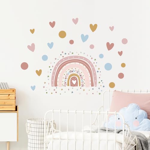 Supzone Rainbow Flower Wall Stickers - Boho Rainbow Wall Decal with Colorful Dots, Hearts, Stars for Girls Baby Nursery Bedroom Playroom DIY Vinyl Mural Art