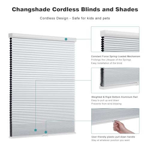 Changshade Cordless Cellular Shades, Blackout Honeycomb Shades for Windows, Pull Down Pleated Blinds, Easy to Install for Indoor Windows and French Doors,34" W x 72" H, White