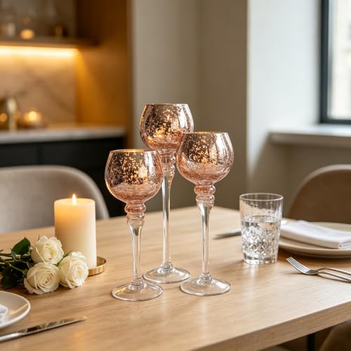 Hosley® Elevate Ambiance with Set of 3 Crackle Rose Gold Glass Tealight Holders 12 Inch, 10 Inch, 9 Inch Sophisticated Decor for Chic Candle Displays