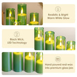 Green Glass LED Pillar Candles with Remote Batteries Set of 5