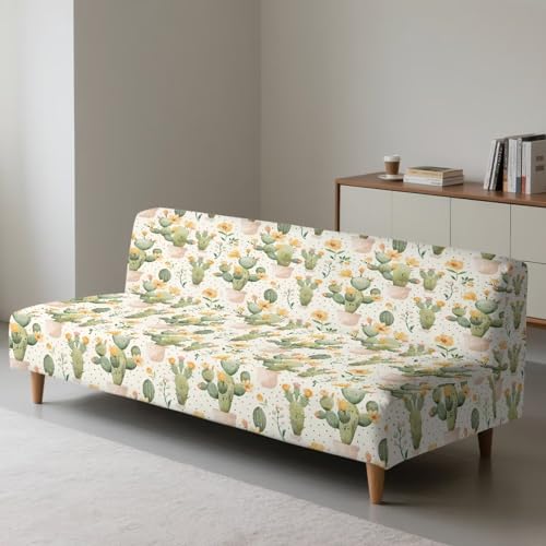 Cactus Print Easy-Going Futon Cover, Dual Couch Cover, Stretch Armless Sofa Cover, Leakproof Furniture Protector for Kids, Pets, Dog and Cat
