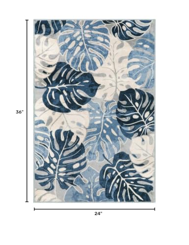 Wonnitar Leaf 2x3 Kitchen Rug, Small Bathroom Blue Rug, Washable Bedside Accent Mat, Monstera Plant Coastal Non-Shedding Soft Entryway Floor Carpet for Laundry Room Entrance Bath