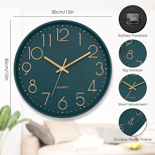 Lumuasky Wall Clock,Battery Operated Modern Analog Silent Non-Ticking Decorative Emerald Clock for School Office Classroom Bedroom Kitchen Living Room Nursery Decor (12 inch)