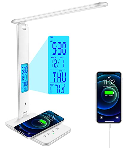 Desk Lamp with Wireless Charger, USB Charging Port, Dimmable Office Desk Light with Clock, Alarm, Date, Temperature, Foldable Lamp for Table Bedroom Bedside Office (White)